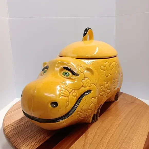Doranne of CA Smiling Yellow Gold Hippo W/ Flowers Retro Vintage Cookie Jar MCM